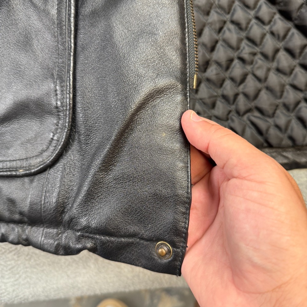 Vintage Leather Jacket Adult L/XL Black Quilt Lined Field Parka Full Zip Cinched - Picture 4 of 16